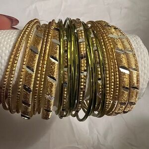 Gold tone and green bangle set